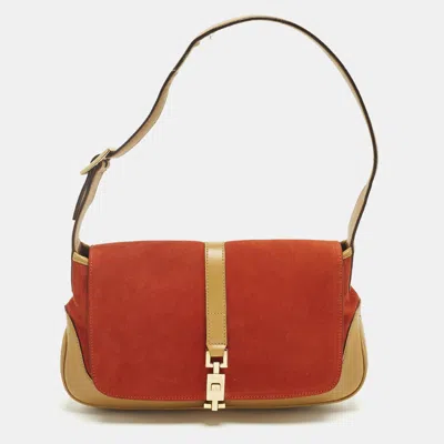 Pre-owned Gucci Jackie O Flap Tan/orange Leather And Suede Shoulder Bag In Brown