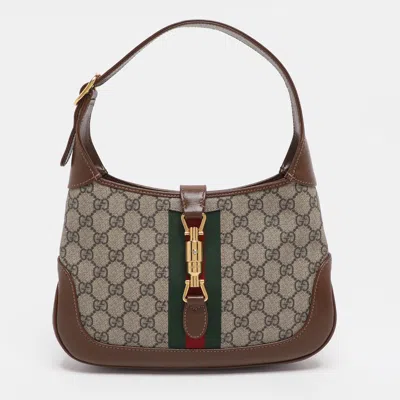 Pre-owned Gucci Jackie Small Beige/brown Gg Supreme Canvas And Leather Hobo In Sand