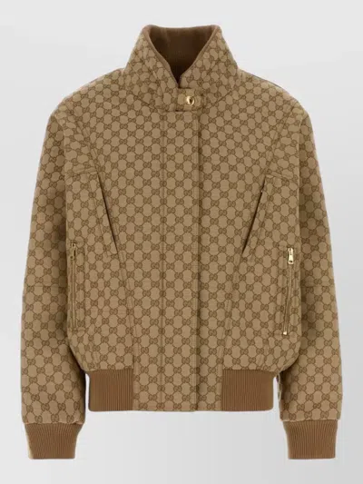 Gucci Jacquard Bomber Jacket High Collar Pattern In Brown