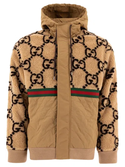 Gucci Jacquard Gg Hooded Quilted Jacket In Brown