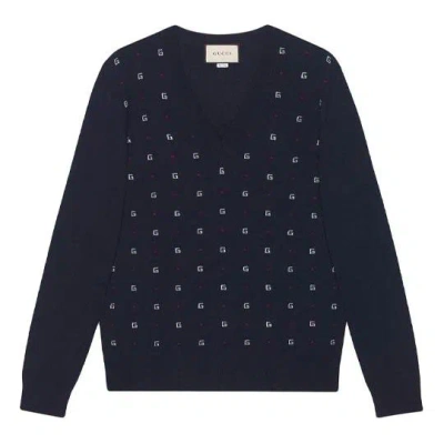 Gucci Jacquard-motif V-neck Jumper 'navy' In Blue