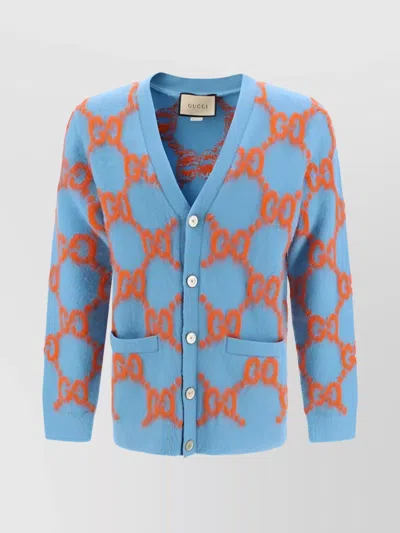 Gucci Jacquard Print Wool V-neck Cardigan In Zureorange