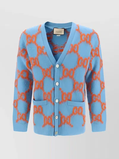 Gucci Jacquard Print Wool V-neck Cardigan In Blue