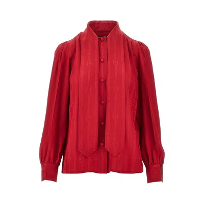 Gucci Red Silk Jacquard Shirt With Interlocking Gg Chain Motif