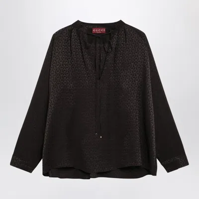 Gucci Jacquard Silk Shirt With Clamps In Brown