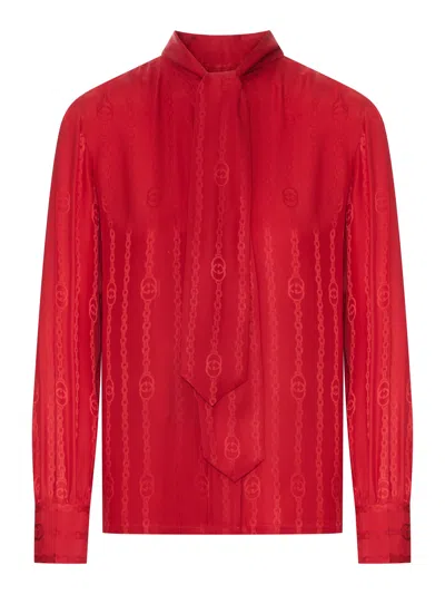 Gucci Jacquard Silk Shirt With Gg Cross Chain In Red