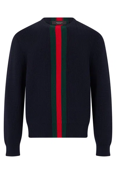 Gucci Jacquard Stripe Cotton Crewneck Sweater In Blue