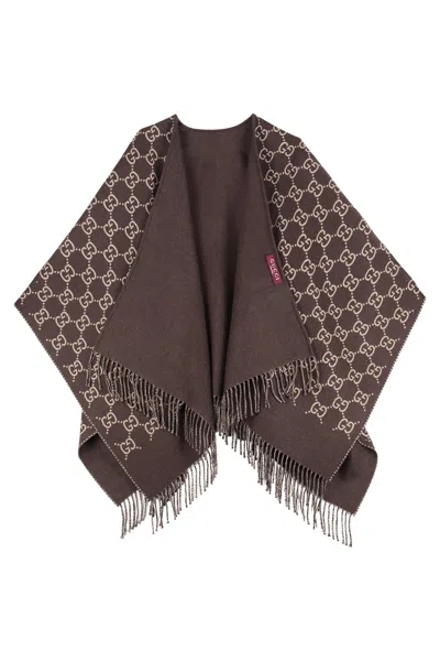 Gucci Jacquard Wool Cape In Brown