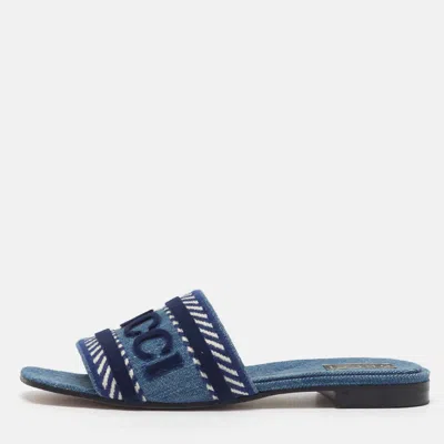 Pre-owned Gucci Jane Size 38.5 Blue Denim Logo Embroidered Flat Slides