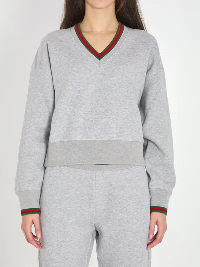 Gucci Jersey Cotton Sweatshirt With Web In Gray