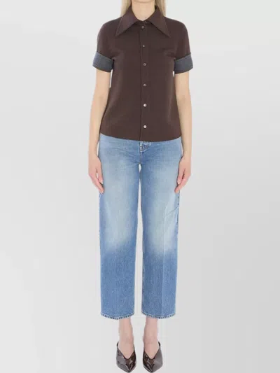 Gucci Jersey Shirt With Long Collar And Short Sleeves In Brown