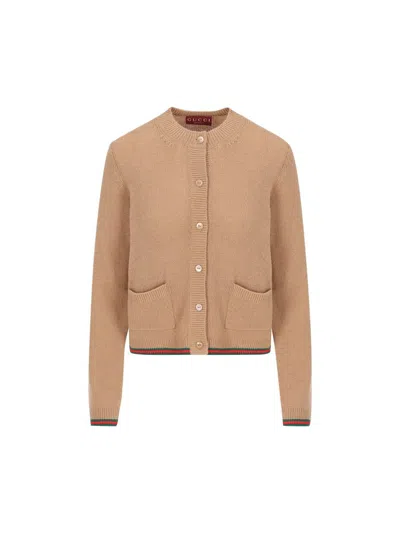 Gucci Long-sleeved Cashmere Cardigan With Web Trims In Beige