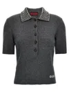 Gucci Embellished Collar Short Sleeve Ribbed Knitwear In Charcoalgreymix