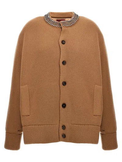 Gucci Embellished Neckline Cardigan Front Pockets In Brown