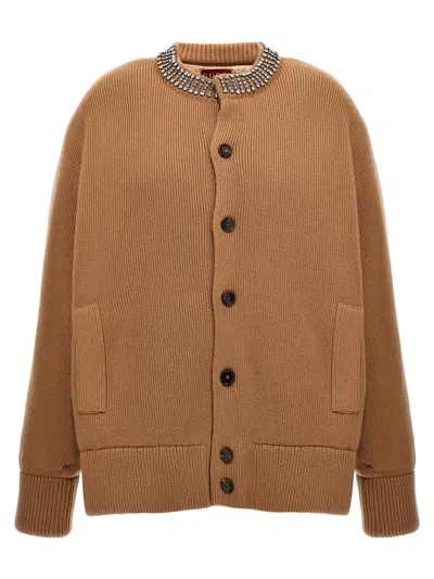 Gucci Embellished Neckline Cardigan Front Pockets In Brown