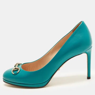 Pre-owned Gucci Jolene Size 36.5 Green Leather Horsebit Pumps