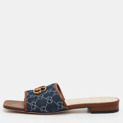 Pre-owned Gucci Jolie Size 39.5 Navy Blue/brown Gg Denim And Leather Slide Sandals