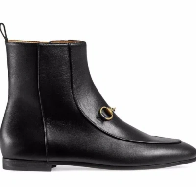 Pre-owned Gucci Jordaan Black Leather Horsebit Short Chelsea Ankle Bootie Boot 35