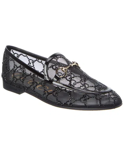 Gucci Almond Toe Mesh Loafers Embellished With Crystals In Black