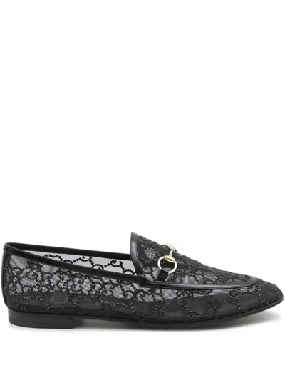 Gucci Almond Toe Mesh Loafers Embellished With Crystals In Black