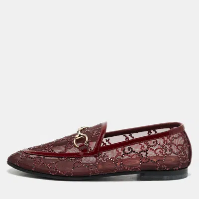 Pre-owned Gucci Jordaan Size 35 Burgundy Mesh And Patent Leather Loafers