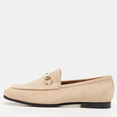 Pre-owned Gucci Jordaan Size 35.5 Beige Suede Horsebit Loafers In Sand
