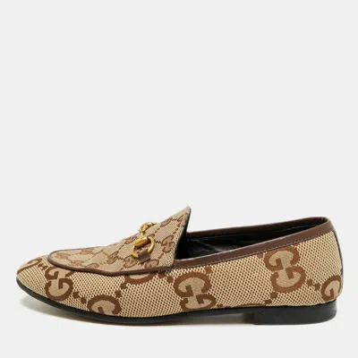 Pre-owned Gucci Jordaan Size 37 Beige Canvas And Leather Loafers In Sand