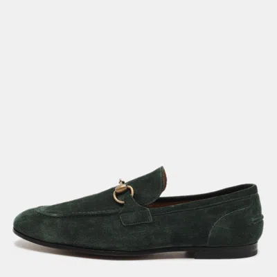 Pre-owned Gucci Jordaan Size 37 Dark Green Suede Horsebit Loafers