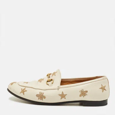 Pre-owned Gucci Jordaan Size 37.5 Cream Bee & Star Embroidered Leather Loafers In White