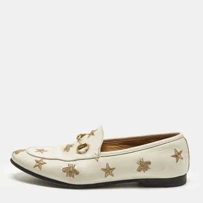 Pre-owned Gucci Jordaan Size 38 Cream Bee & Star Embroidered Leather Loafers In White