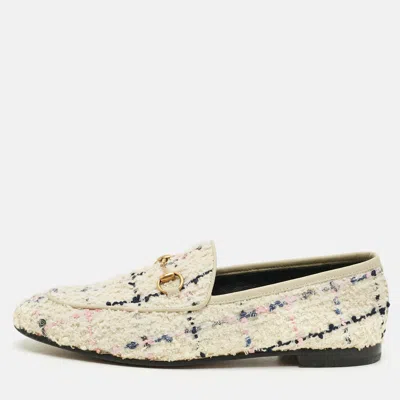 Pre-owned Gucci Jordaan Size 39 White Tweed Horsebit Slip On Loafers