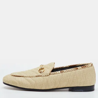 Pre-owned Gucci Jordaan Size 39.5 Beige Raffia And Python Embossed Leather Loafers In Sand