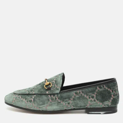 Pre-owned Gucci Jordaan Size 41 Green Leather And Gg Velvet Loafers