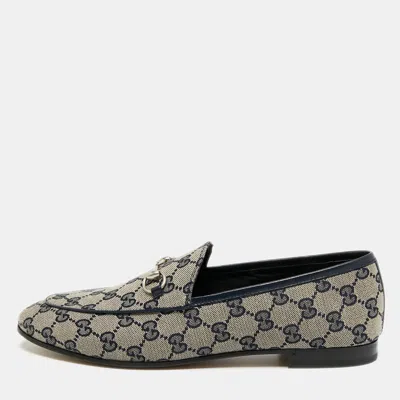 Pre-owned Gucci Jordaan Size 42 Beige/blue Canvas And Leather Loafers In Sand