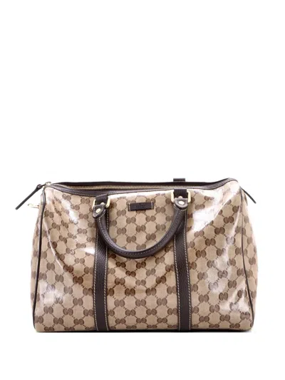 Pre-owned Gucci Joy Boston Bag Gg Coated Canvas Medium Satchel In Brown