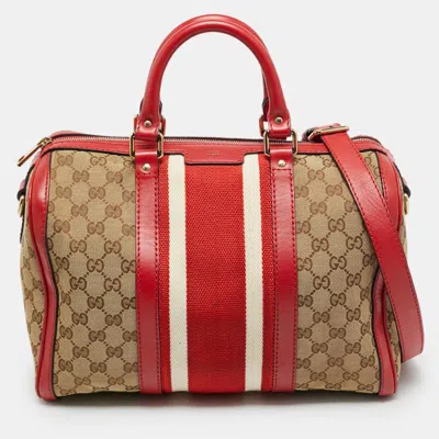 Pre-owned Gucci Joy Medium Red Gg Canvas And Leather Boston Bag