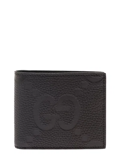 Gucci 'jumbo' Black Bi-fold Wallet With Embossed Double G Logo On The Front In Grained Leather Man
