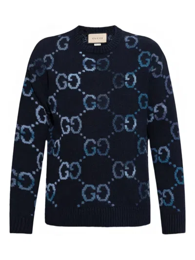 Gucci Men Blue Sweater With Gg Intarsia Knit In Wool Blend Man
