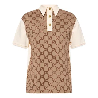Gucci Jumbo Gg Cotton Silk Jacquard Polo 'beige Ebony' In Brown