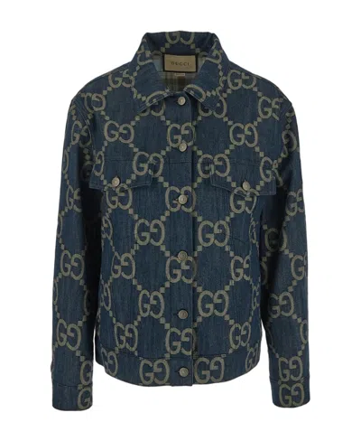 Gucci Jumbo Gg Oversized Denim Jacket In Blue