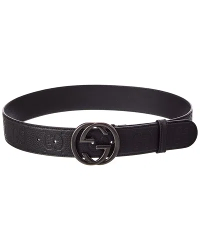 Gucci Jumbo Gg Embossed Leather Belt In Black
