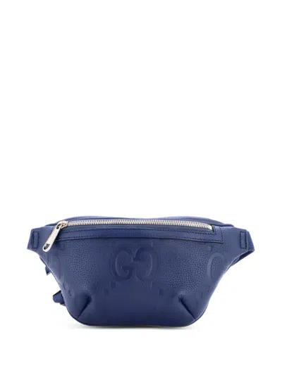 Pre-owned Gucci Jumbo Gg Embossed Leather Small Belt Bag In Blue