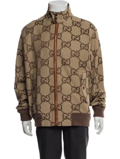 Pre-owned Gucci Jumbo Gg Graphic Print Bomber Jacket In Brown