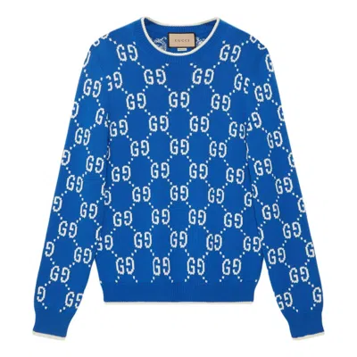 GUCCI GUCCI JUMBO GG JACQUARD CREW NECK SWEATER 'BLUE IVORY'