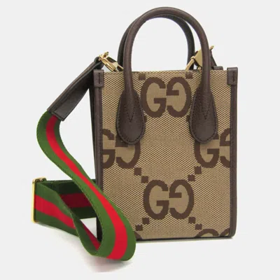 Pre-owned Gucci Jumbo Gg Mini Beige Dark Brown Canvas Leather Top Handle Bag In Sand