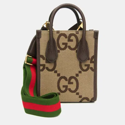 Pre-owned Gucci Jumbo Gg Mini Camel Ebony Canvas Leather Web Top Handle Bag In Sand