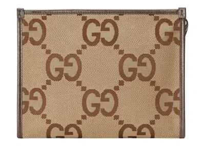 Pre-owned Gucci Jumbo Gg Pouch Pouch In Camel/ebony