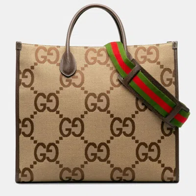 Pre-owned Gucci Jumbo Gg Sherry Line Shoulder Bag Tote Beige Multicolor Canvas Leather In Sand