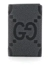 Gucci 'jumbo' Grey Card Holder With Maxi Double G Logo On The Front In Grained Leather Man In Black