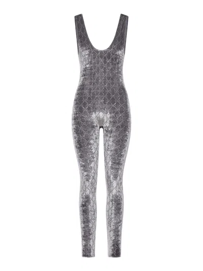 Gucci Jumpsuit With Gg Crystal Embroidery In Gray